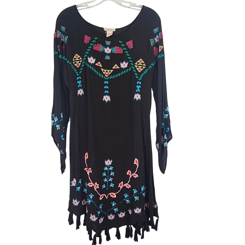 Sundance Black Western Embroidered Gauzy Dress with Tassel Size Small Tribal